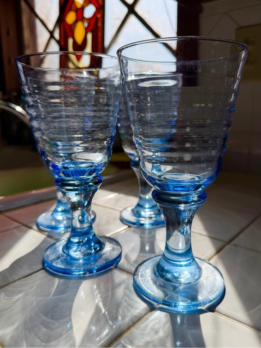 Set of Four, Vintage 90s Blue Ribbed Glass Goblets - Set of Decorative Glasses
